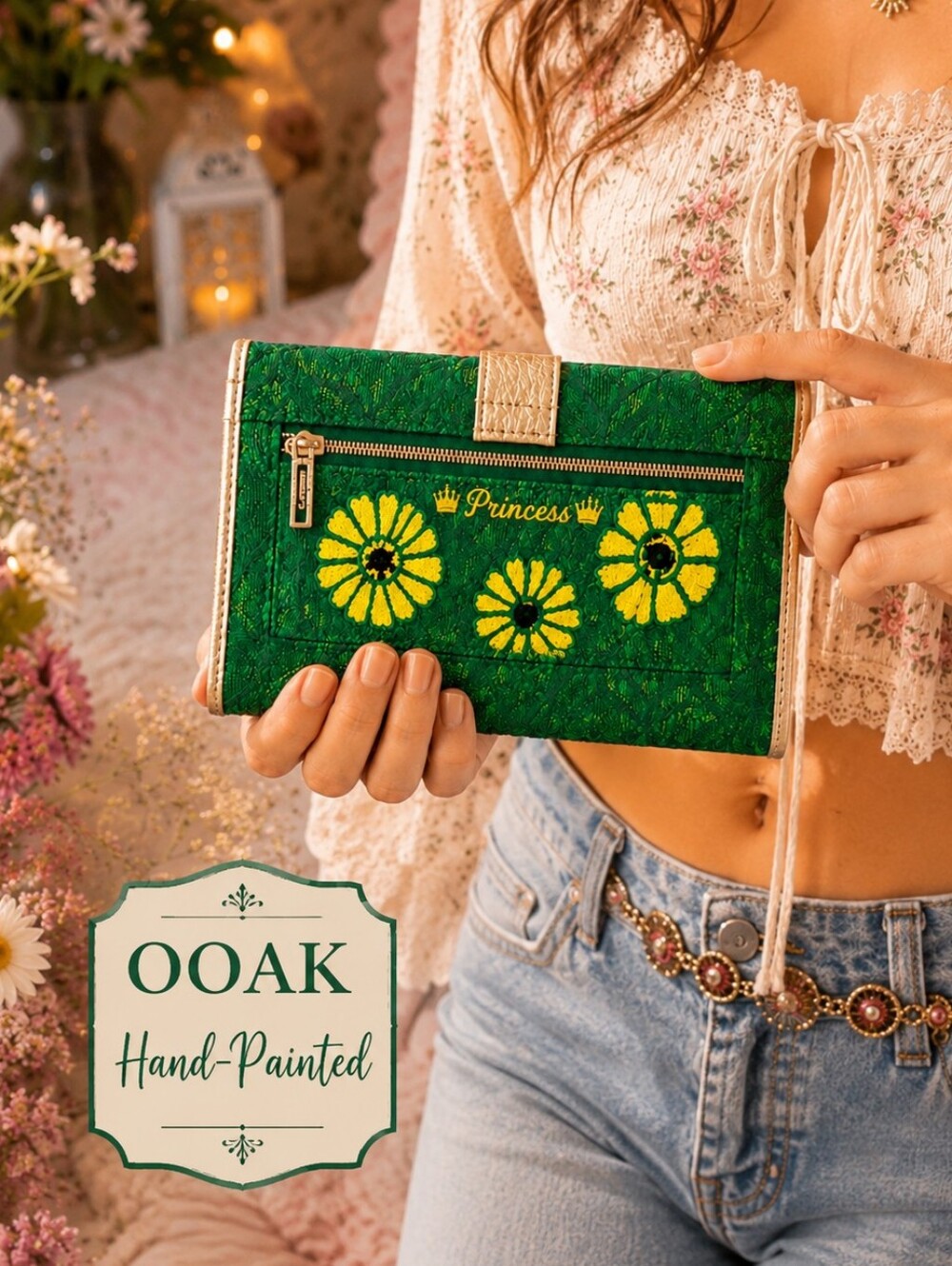 Custom Guess Tri-fold Emerald Boho Wallet Whimsy Fantasy Clutch Coquette Girl